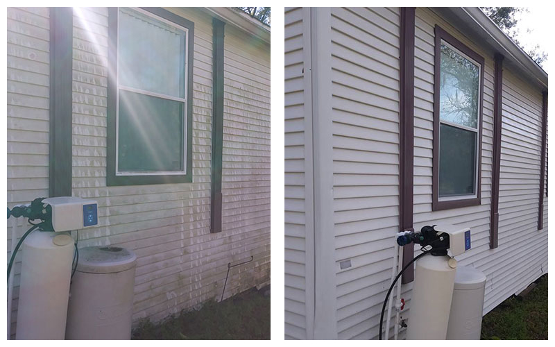 Before-and-after house washing results on exterior siding in Polk County, Florida