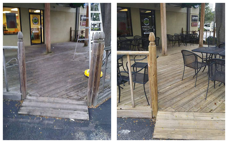 Before-and-after commercial wooden patio and deck cleaning in Polk County, Florida