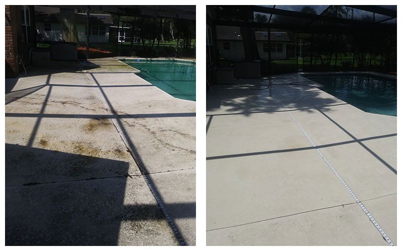 Before-and-after pool deck cleaning around a screened swimming pool in Polk County, Florida