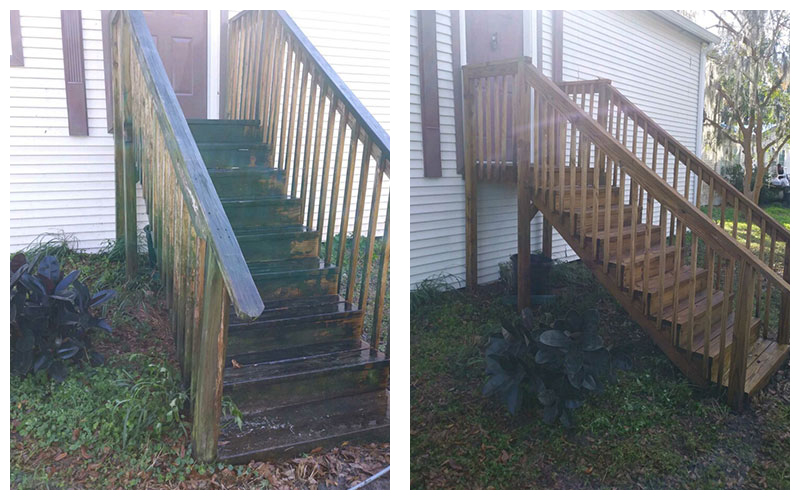 Before-and-after wooden deck and stair cleaning in Polk County, Florida